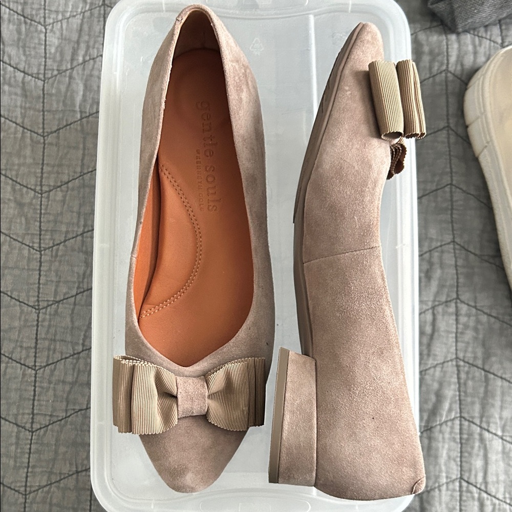 Gentle Souls Taupe Suede Flats with Ribbon Detail
